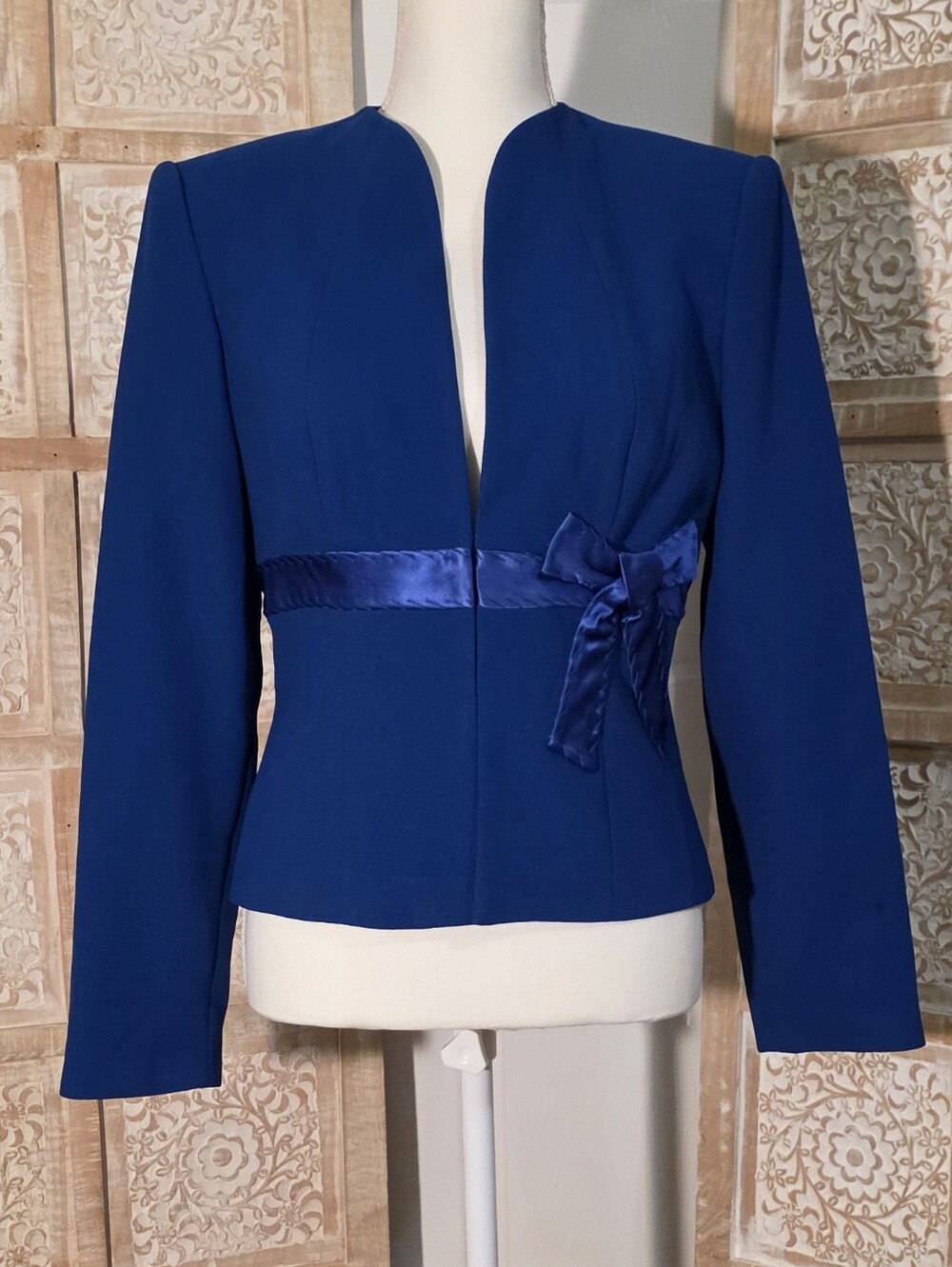 Liz Claiborne Cobalt Blue Fitted Jacket with Satin Waist Bow Adornment